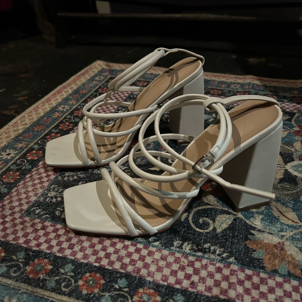 Elegant White Strappy Block Heels